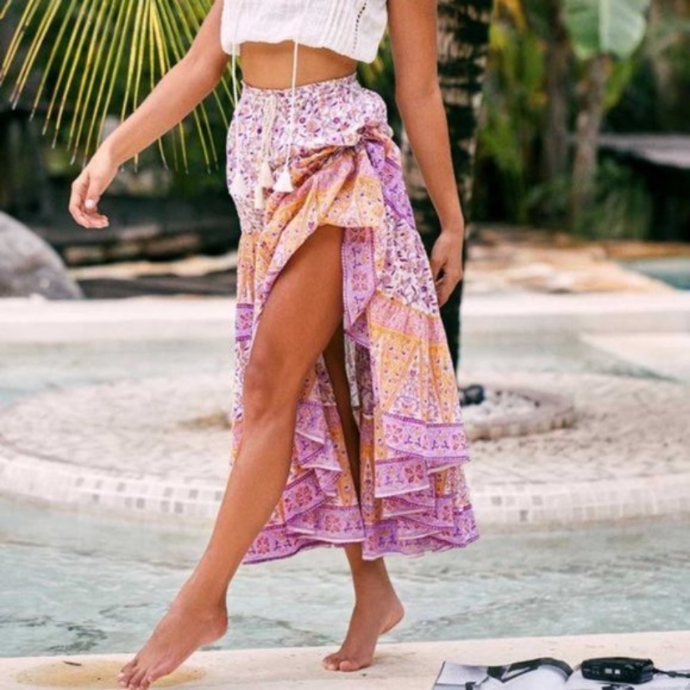 orange Pink Boho Floral Print maxi skirt tassel - Picture 3 of 7